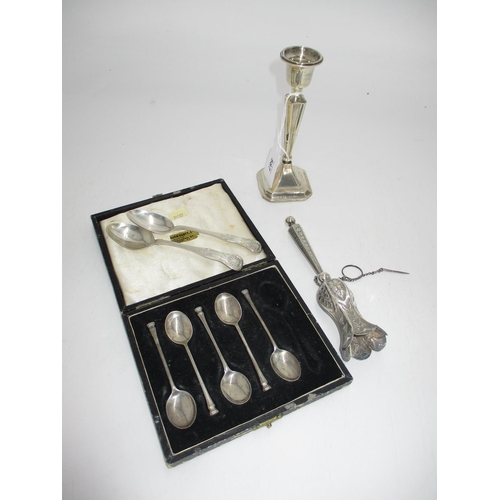 587 - Pair of 1826 Edinburgh Silver Teaspoons, 5 Silver Coffee Spoons, Silver Candlestick and an Ornately ... 