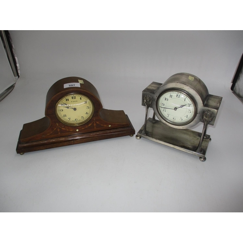 597 - Art Deco Silver Plate Case Mantel Clock and an Inlaid Mahogany Mantel Clock