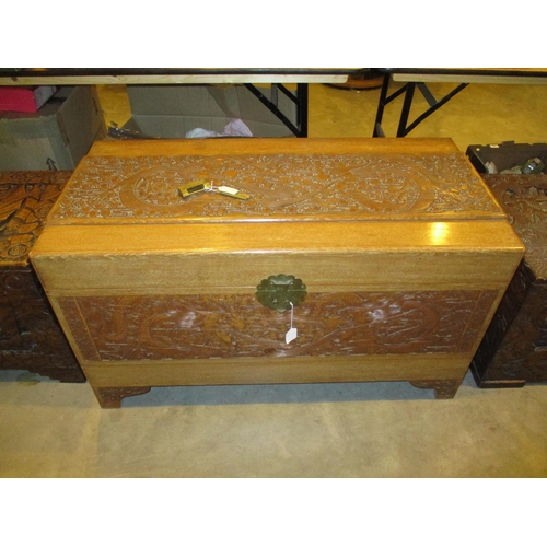 687 - Chinese Carved Camphor Blanket Box with Padlock and Key