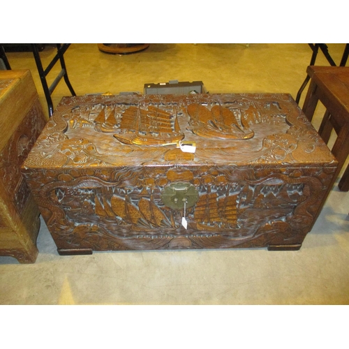 688 - Chinese Carved Camphor Blanket Box with Padlock and Key