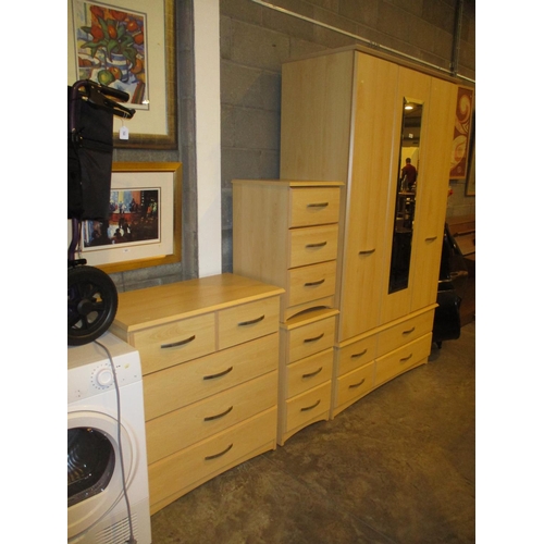 794 - Modern Light Wood Finish Wardrobe, Chest of Drawers and a Pair of Bedside Chests