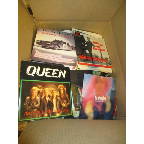 91 - Box of 45s including The Timelords, The Stranglers, Queen