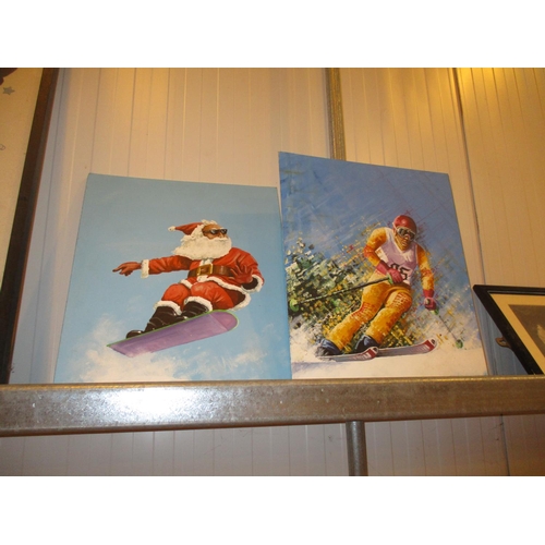 336 - Ian Finlayson 2 Paintings Santa and Skier