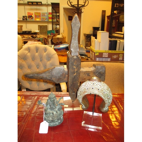 496 - Carved Wood Sculpture, Patinated Metal Ganesh and Cuff Bangle on Stand