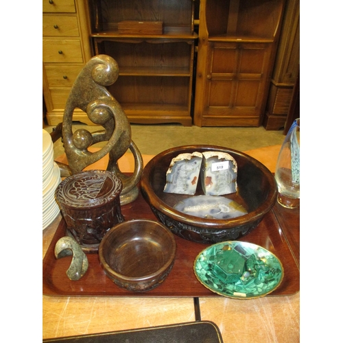 519 - Pair of Agate Bookends and Coaster, Malachite and Other Carved Stone and Wood Items