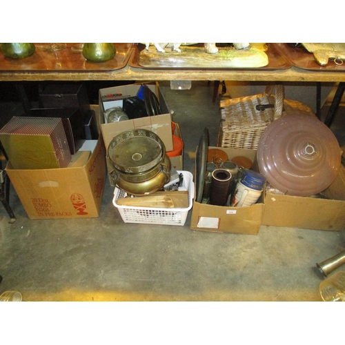 579 - Various Boxes of Metalwares, Vintage Plastic Shade, Tupperware, Collectables etc