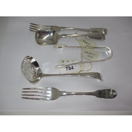 784 - A Group of Silver Comprising a Georgian Sifter Ladle, Sugar Tongs, Jam Spoon and 2 Dessert Forks, 14... 