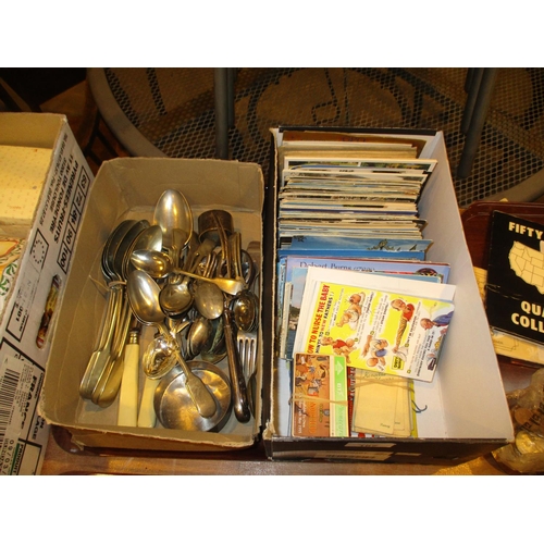 167 - Box of Phone Cards, Postcards, Cutlery etc