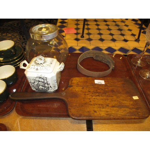 173 - John J Dick Lochgelly Tawse, Hand Mirror, Glass Jar, Masons Cutty Sark Jar