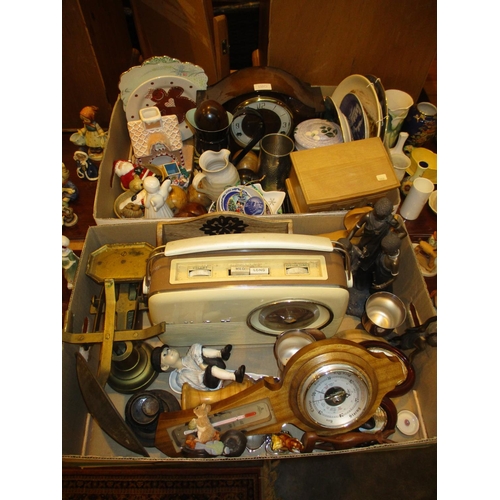 180 - Two Boxes with Mantel Clock, Bush Radio, Barometer and Decorative Items