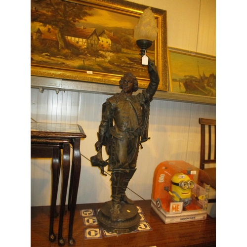 214 - Victorian Patinated Spelter Figure Lamp with a Glass Flame Shade, total height 121cm