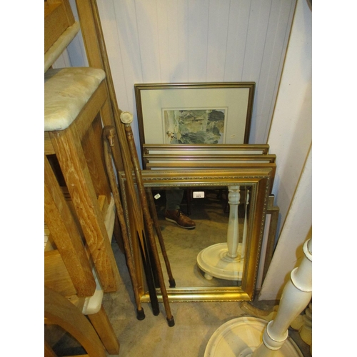 223 - Gilt Frame Wall Mirror and Various Pictures, Snooker Cue and 2 Walking Sticks