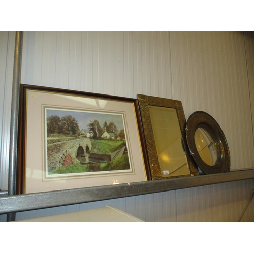 225 - James McIntosh Patrick, Signed Print of The Old Toll, 392/859, and a 2 Brass Frame Mirrors