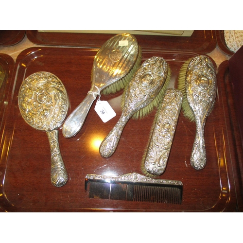 38 - Four Silver Back Hair Brushes, Comb and a Faulty Mirror