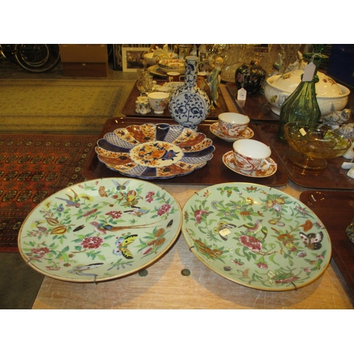 7 - Two Chinese Green Ground Porcelain Dishes, Bottle Neck Vase, Imari Plate, Pair of Cups and Saucers