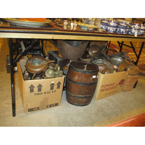 92 - Small Barrel, 2 Bellows, Fire Guard and Boxes of Copper and Brasswares etc