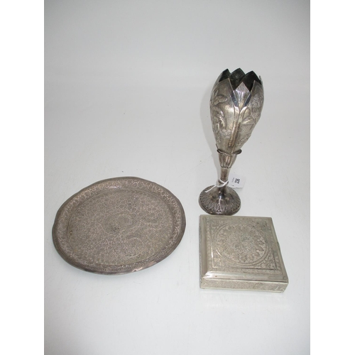 236 - Indian White Metal Bud Vase and a Card Tray along with a Hallmarked Possibly Egypt Cigarette Box, 54... 