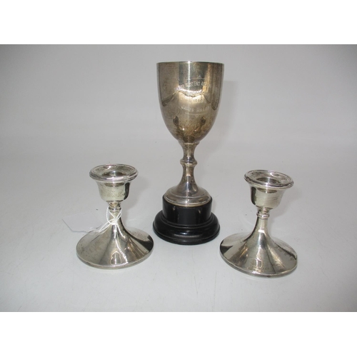 239 - Silver Trophy Goblet, Birmingham 1938, and a Pair of Silver Candlesticks