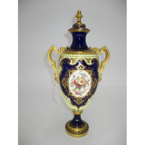 242 - Coalport Porcelain Vase with Cover Gilded and Floral Painted within a Blue Border and Cream Ground, ... 