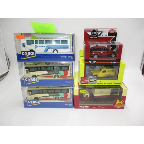 247 - Three Corgi Buses, Mini, Trotters Independent Trading Van and a BR Lorry