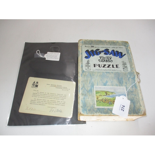 274 - Great Western Railways General Strike Certificate 1926, and a GWR Jigsaw