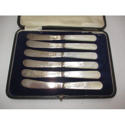 286 - WITHDRAWN FROM SALE Cased Set of 6 Silver and Mother of Pearl Tea Knives, Sheffield 1919, Maker MH &... 