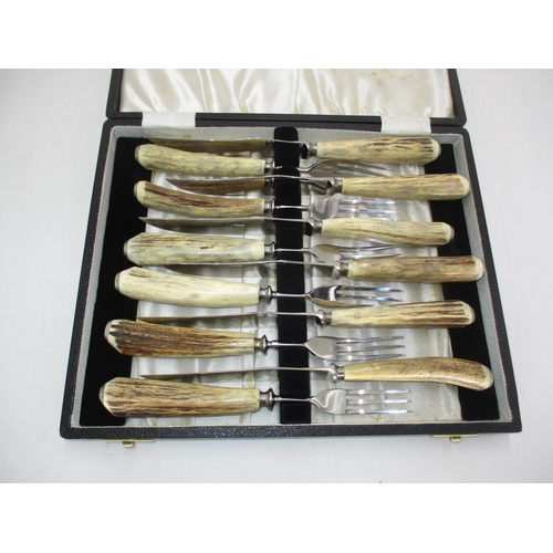 289 - Cased Set of 6 Pairs of Horn Handle Steak Knives and Forks