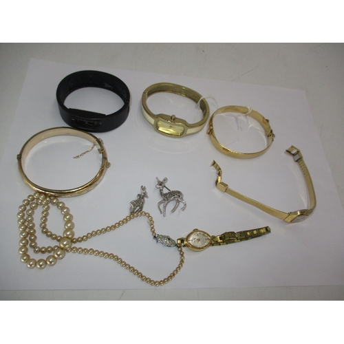 311 - Rolled Gold Bangle, Bangle, 4 Ladies Watches, Necklace and 2 Marcasite Deer Brooches