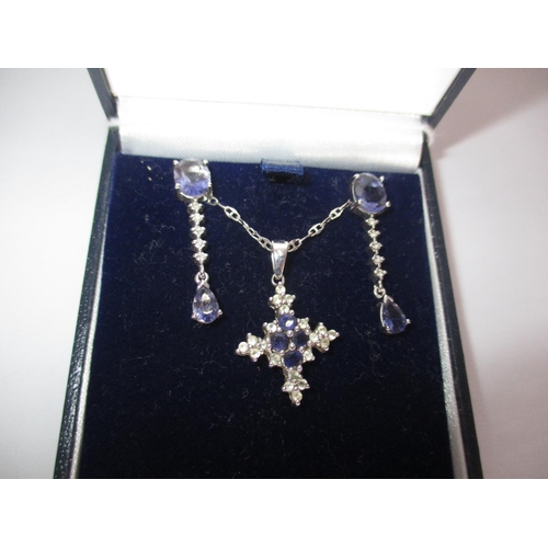 335 - 9ct White Gold Diamond and Purple Stone Necklace and Earring Set, 6.9g total