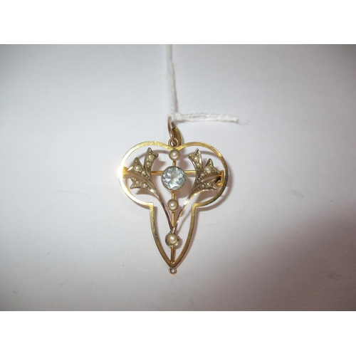 339 - 9ct Gold Art Nouveau Pearl and Pale Blue Stone Pendant Brooch, 3.4g