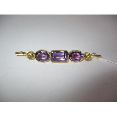 359 - Edwardian 9ct Gold Large Bar Brooch Set with 3 Amethysts and 2 Citrines