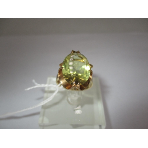 376 - Large Oval Citrine Ring in Curved Openwork 9ct Gold Mount, Size P, 4.9g