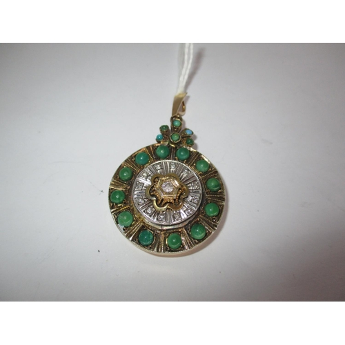 389 - 9ct Gold Circular Locket Fob Set with Small Diamonds and Turquoise, 20.8g