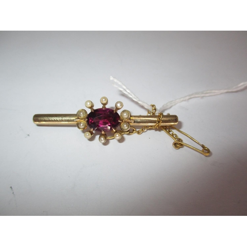 395 - 9ct Gold Garnet and Pearl Cluster Bar Brooch, 4.3g