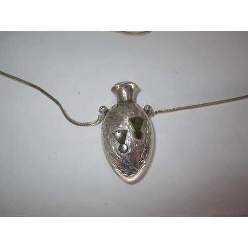 400 - Edwardian Silver Scent Flask and Chain Engraved with Thistles Set with Green Marble