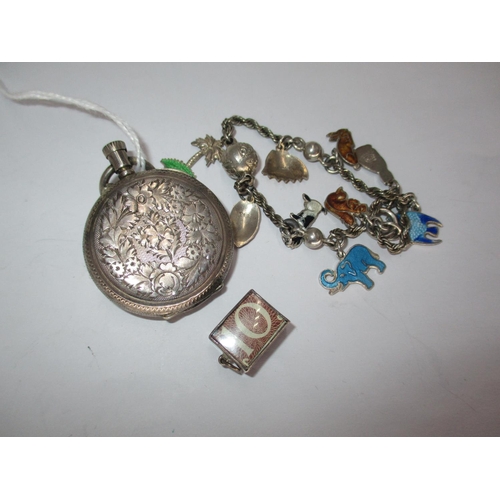 402 - Silver Charm Bracelet with Enamel Charms and an Engraved Silver Fob Watch