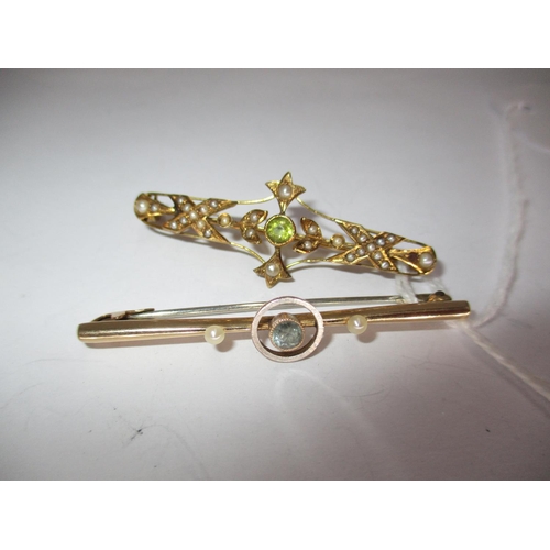 410 - 14ct Gold Peridot and Seed Pearl Bar Brooch and an Unmarked Gold Aquamarine and Pearl Bar Brooch, 5.... 