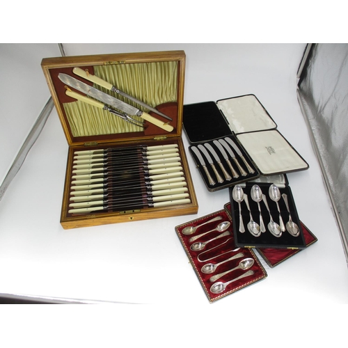 417 - Cased Set of 12 Table Knives and 12 Matching Side Knives in an Oak Canteen etc