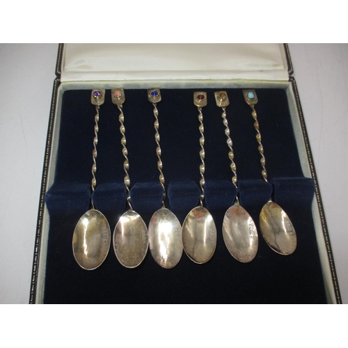 419 - Set of 6 Arts & Crafts Silver Teaspoons with Spiral Stems and Various Stone Set Terminals, Maker EC ... 