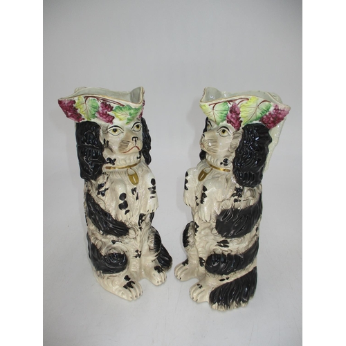 481 - Pair of Victorian Staffordshire Pottery Jugs Formed as Seated Spaniels with Vine Crowns, 26cm