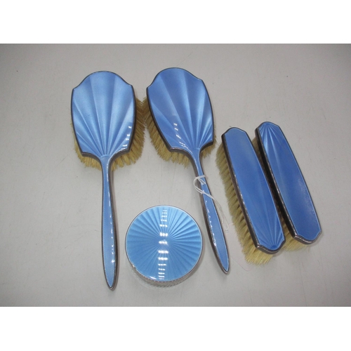 490 - Silver and Pale Blue Enamel 5 Piece Dressing Table Set, Birmingham 1959