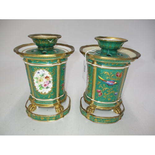 495 - Pair of Victorian Porcelain Pot Pourri Urns Painted with Flowers and Birds on a Green Ground, 18.5cm... 