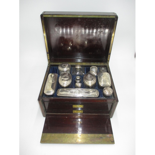 511 - Victorian Rosewood and Brass Vanity Case Containing Silver Top Jars and Bottles, Glasgow 1859