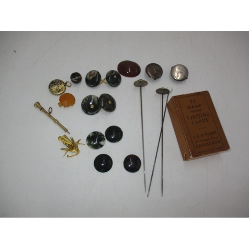 513 - Box of Collectables including Agate Buttons, Hat Pins, Propelling Pen etc