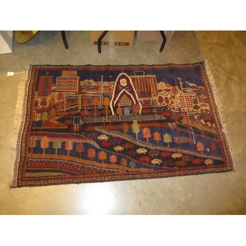 523 - Persian Wool City Scene Rug, 145x89cm