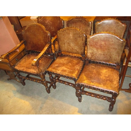 607 - Set of 6 1920s Oak and Leather Dining Chairs