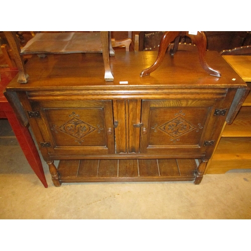 612 - Antique Style Carved Oak 2 Door and Drop Leaf Cabinet, 114cm and 22cm each leaf