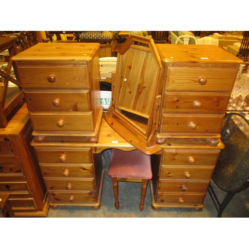 624 - Pine Double Pedestal Dressing Table with Stool, Mirror and a Pair of Bedside Chests