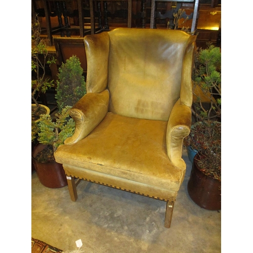 674 - Georgian Style Shabby Chic Leather Wing Back Chair