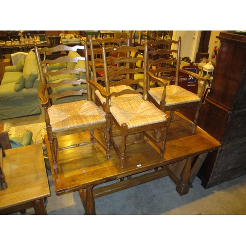 691 - Reproduction Oak Draw Leaf Refectory Table with 6 Ladder Back Chairs, table 183x93cm, each leaf 54cm